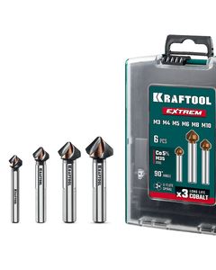 KRAFTOOL EXTREME Со5-А, 6 шт (6.3, 8.3, 10.4, 12.4, 16.5, 20.5 мм), Z3, 90°, сталь M35, U-образная спираль, набор зенковок (29734-H6) ― KRAFTOOL SHOP